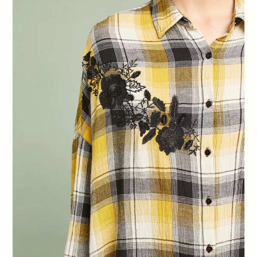 Maeve Anthropologie Plaid Flannel Tunic Floral Embroidered Oversized Shirt XS - Picture 12 of 12